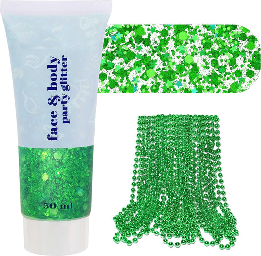 St Patricks Day Accessories Green Face Glitter & 10 PCS 7mm 33’ St Patricks Day Decorations Green Beaded Necklace Set, Christmas Glitter for Hair