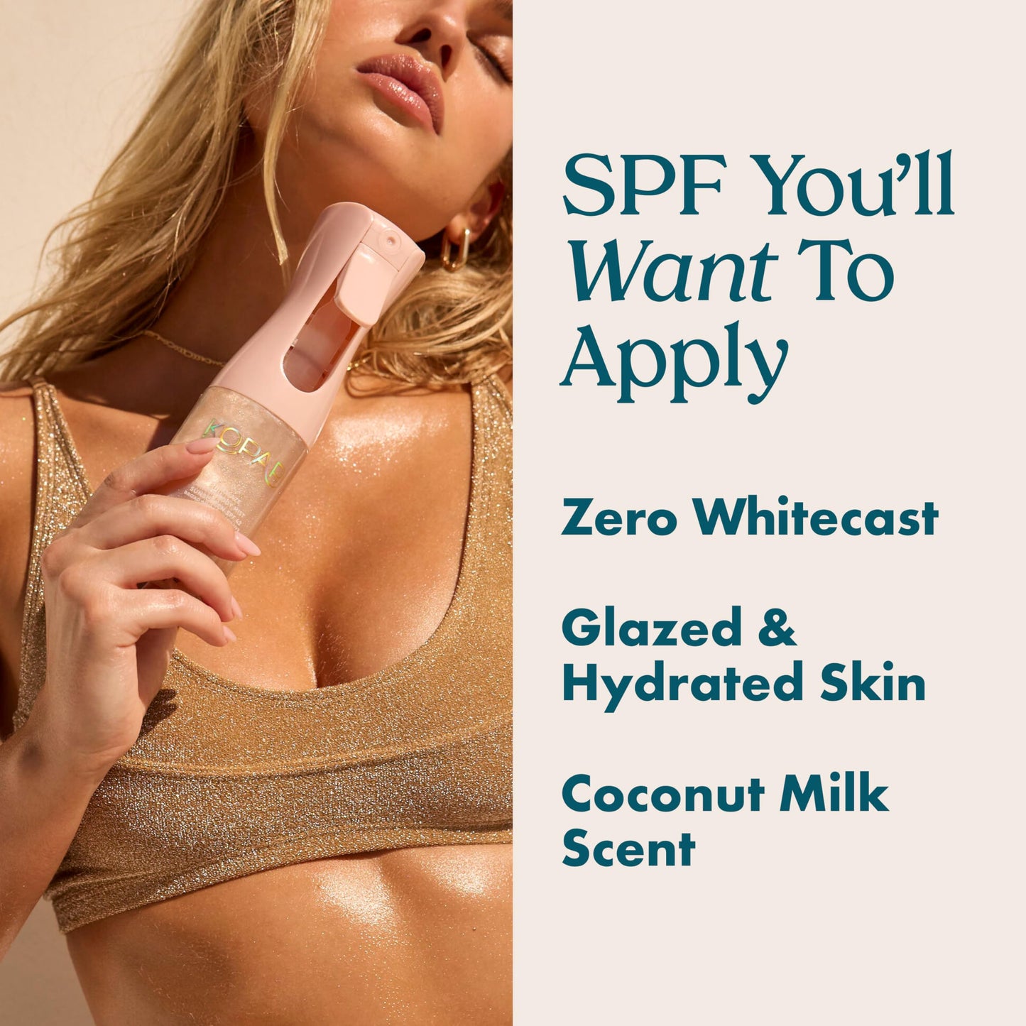 Kopari Rose Gold Sunglaze Sheer Body Mist Sunscreen SPF 42, Infused with Shimmering Body Oil, Hydrating Mist, Hydrates, Brightens, Makeup Friendly