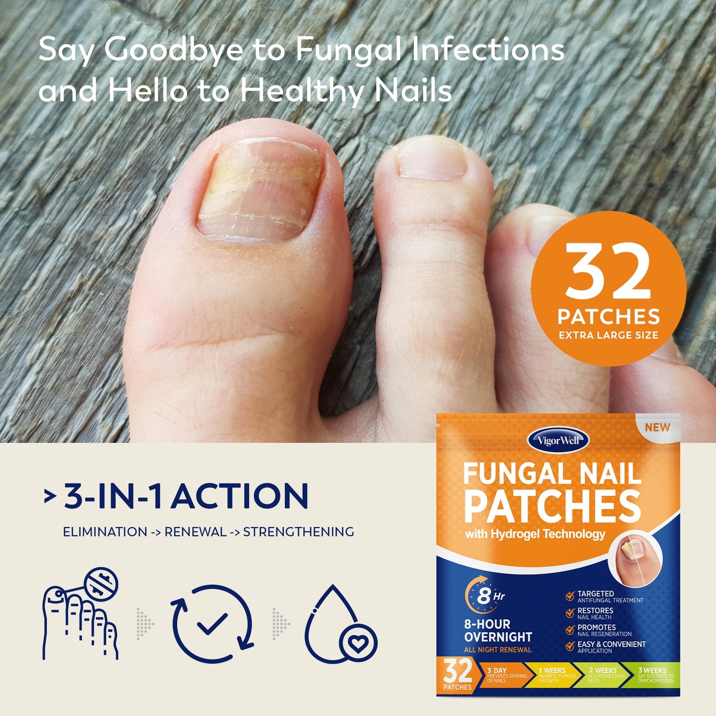 Toenail Fungus Treatment Extra Strength - (Medium) 32 Nighttime Hydrogel Patches for Overnight Toenail Repair - Visible Results in 8 Hours - Fungal Beauty and Personal Care VigorWell