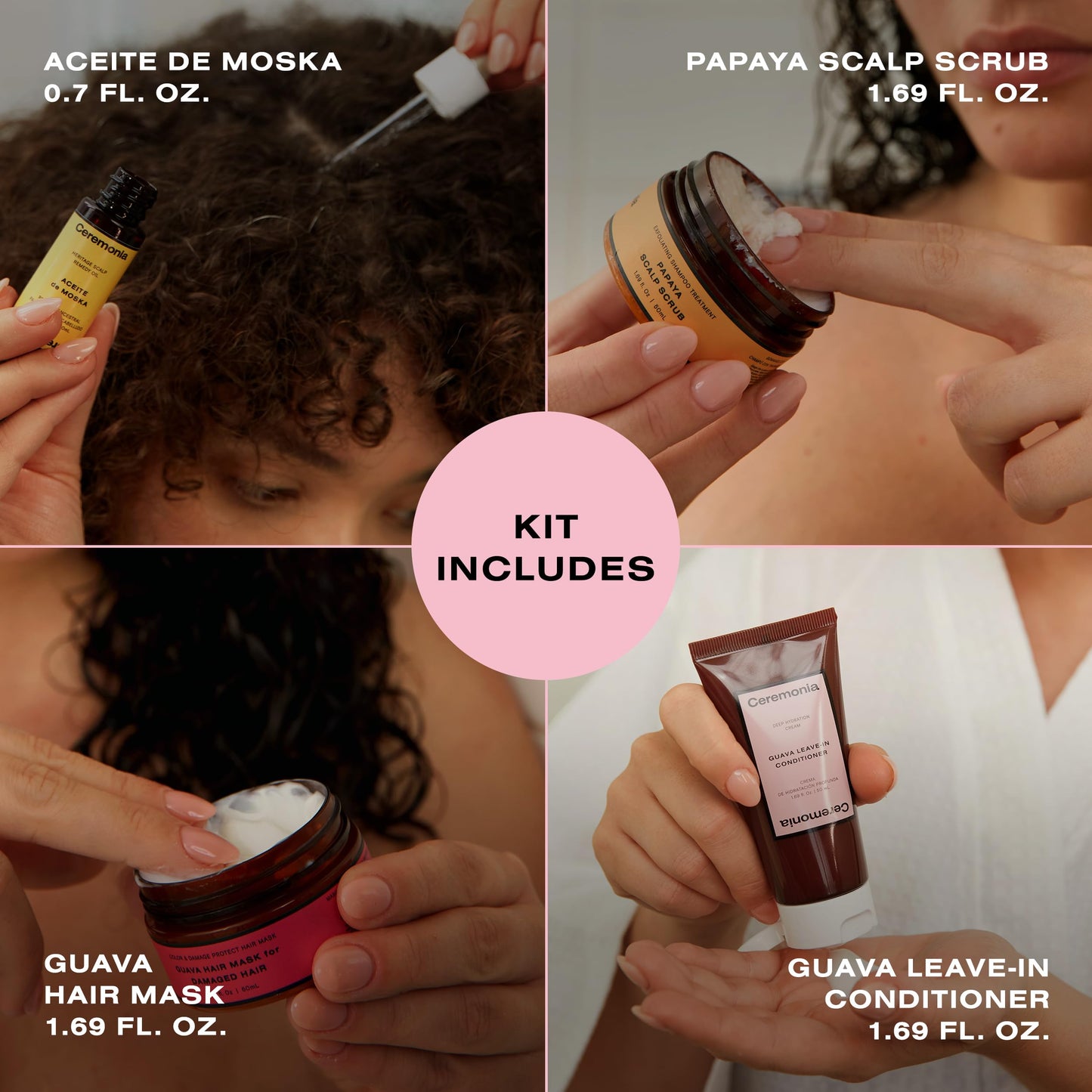 Ceremonia The Hair Wellness Kit | Weekly Deep Cleanse & Hydration Routine | 4 Piece Travel-Size Set Includes Scalp Oil, Shampoo Scrub, Hair Mask