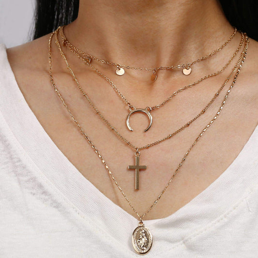 DoubleNine Boho Layered Necklace with Coin Cross Moon Crescent Saint Charm Jewelry Retro Accessories for Women Girls Beauty & Personal Care Doubnine