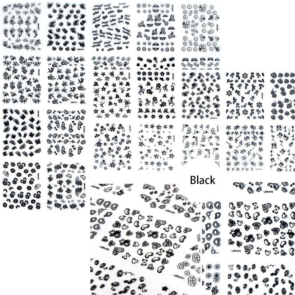 4500 Pieces Flowers Nail Stickers Kit 90 Sheets 3D Mini Nail Art Stickers Black White Colorful Various Patterns Flower Decals Self-Adhesive False