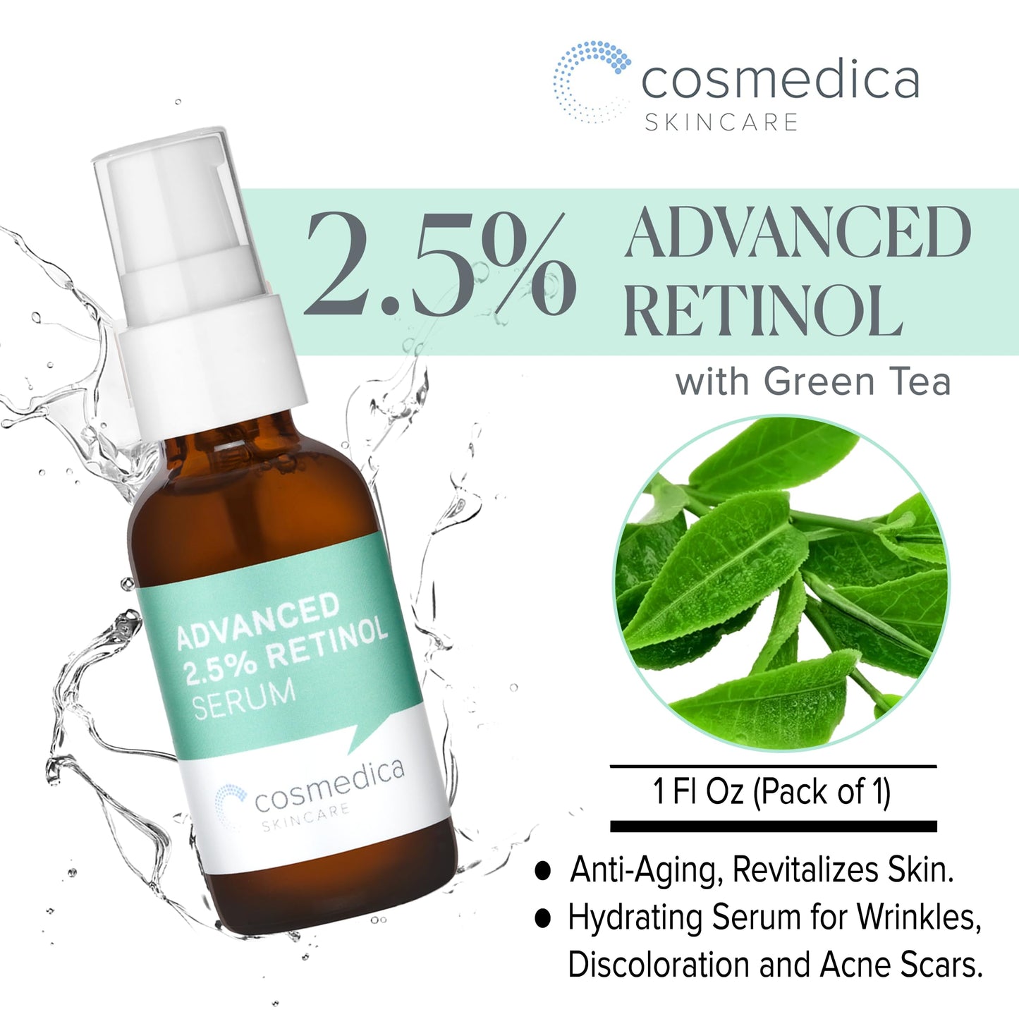 Cosmedica Skincare's Advanced 2.5% Retinol Serum w/Green Tea, Hyaluronic Acid & Vit E - Anti-Aging, Skin Revitalizing, Hydrating Serum for Fine