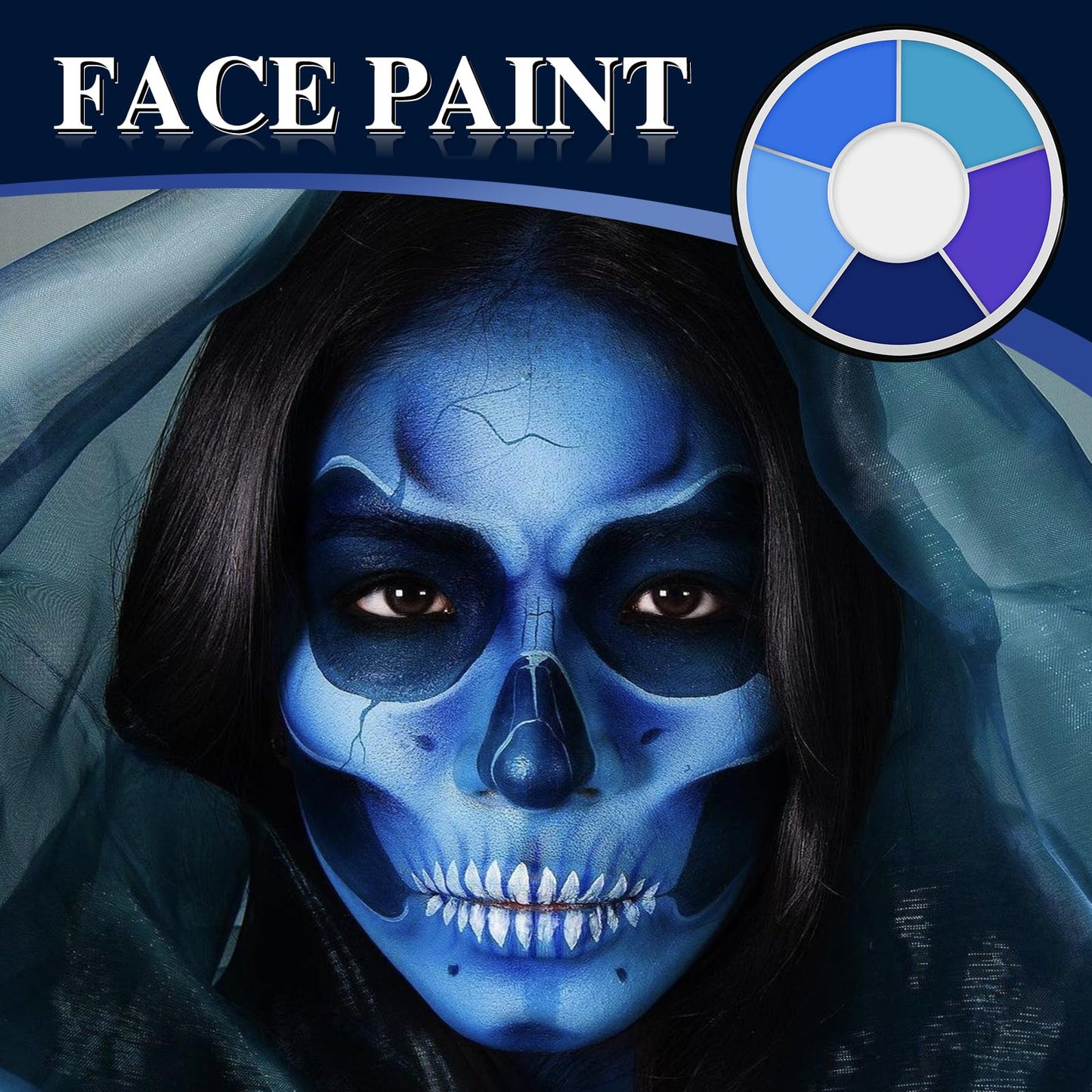Vibrant 6 Colors Blue Face Body Paint Palette, Professional, Washable Formula Painting for Halloween, Cosplay & SFX Makeup, Dress Up Party