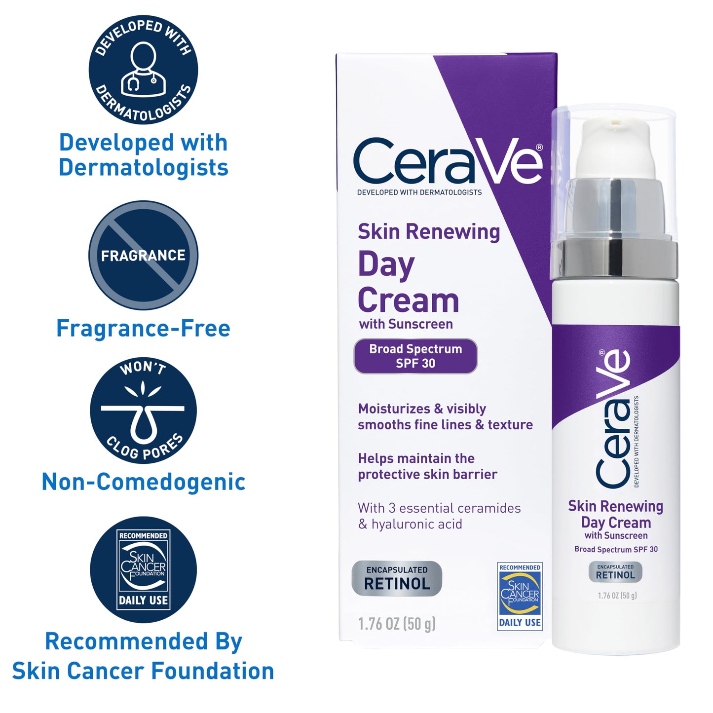 CeraVe Anti-Aging Face Cream SPF 30, Anti-Wrinkle Retinol Cream with Hyaluronic Acid and Ceramides, 1.76 oz Beauty and Personal Care CeraVe