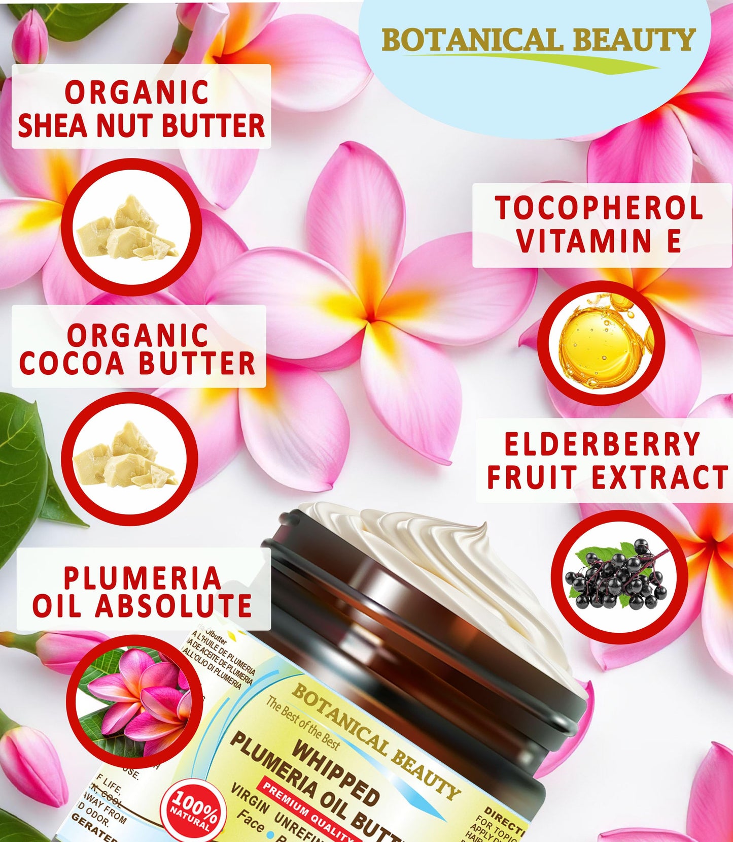 Botanical Beauty Whipped PLUMERIA OIL BUTTER 100% Natural Pure RAW. Cocoa Butter, Shea Nut Butter, Plumeria Oil Virgin Unrefined Cold Pressed