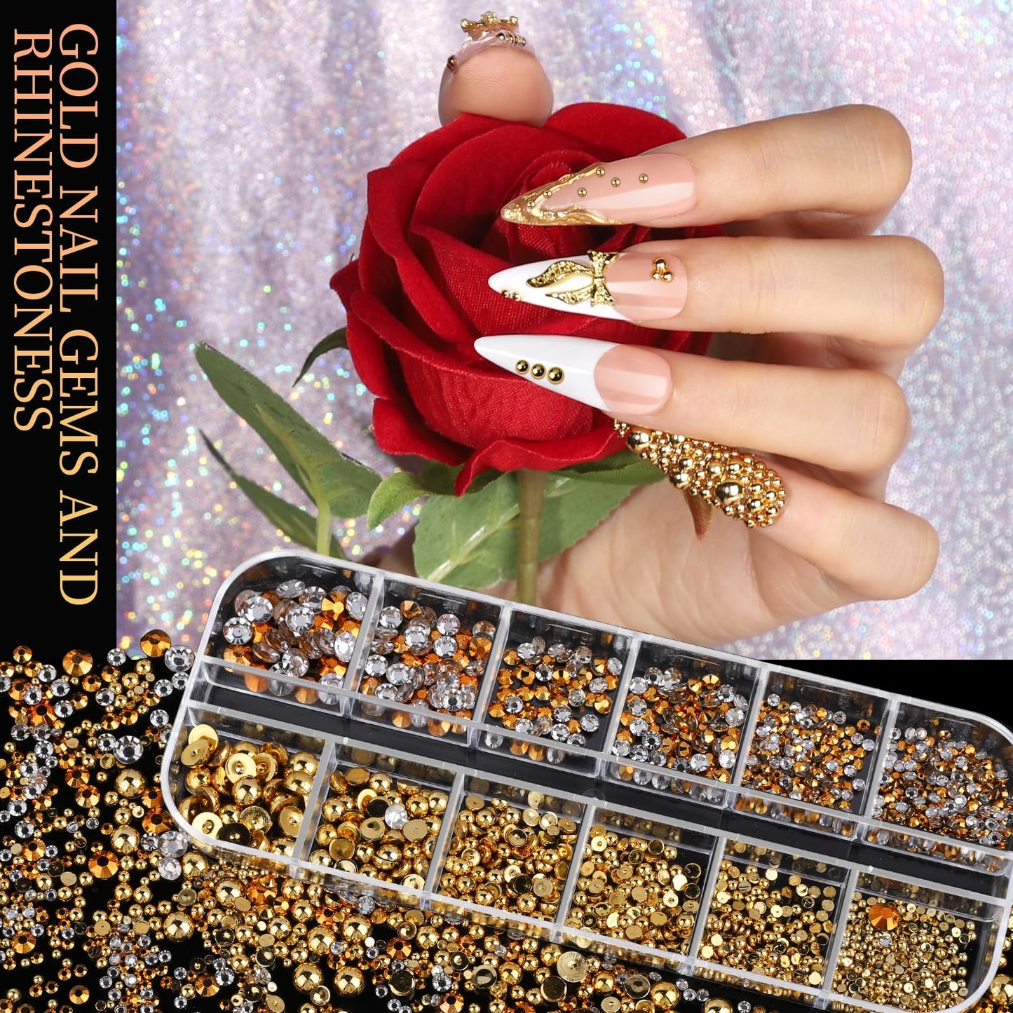 Teenitor Gold Nail Charms and Gems Set, 4 Boxes Nail Gems Nail Pearls Nail Art Tools, 3D Cross Nail Charms Heart Nail Rhinestones for Nails Supplies Beauty and Personal Care Teenitor
