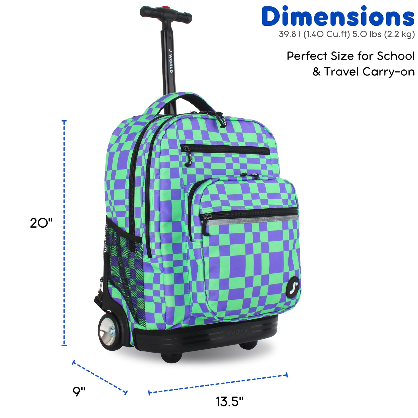 J World Sundance Laptop Rolling Backpack for Girls Boys. Roller Bookbag with Wheels, Pixel Checkers