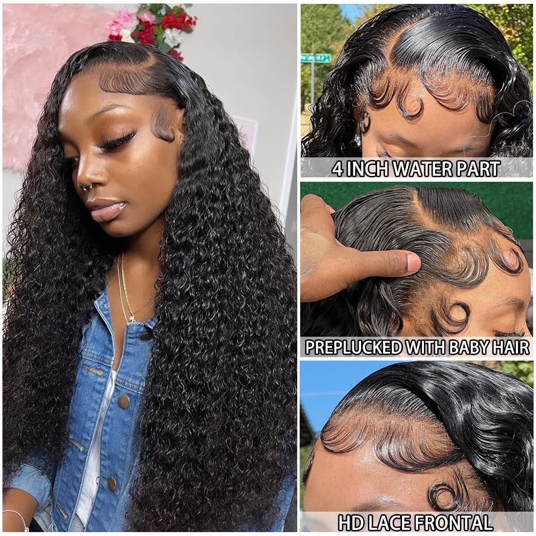 Filrku Water Wave Lace Front Wigs 13x4 HD Trasparent Glueless Lace Frontal Wigs for Women Pre Plucked with Baby Hair 180% Density Wet and Wavy Wigs