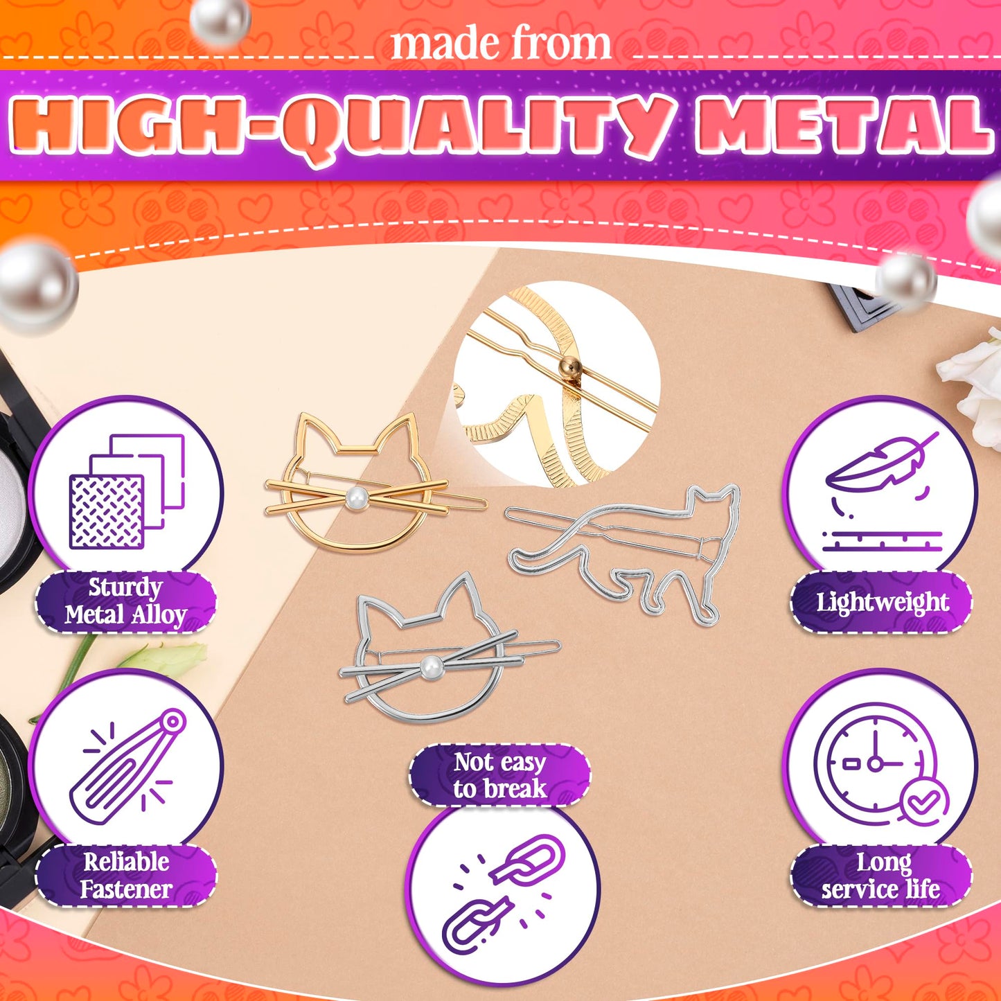 3Pcs Cat Hair Accessories for Women - Kitty Hair Clips for Girls, Small Barrettes for Thin and Thick Hair, Novelty Pins and Hair Jewelry