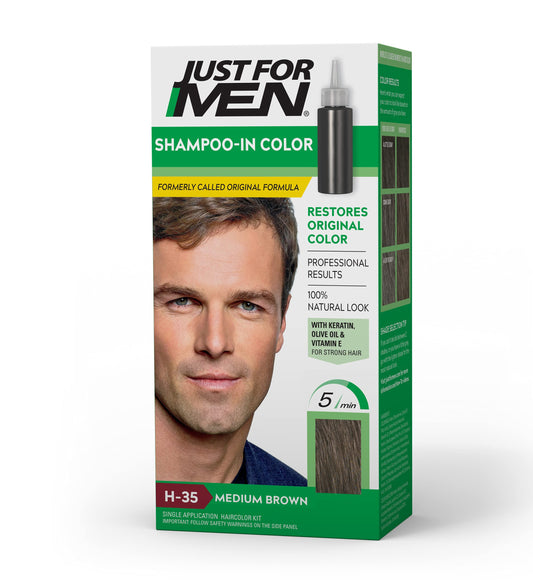 Just For Men Shampoo-In Color (Formerly Original Formula), Mens Hair Color with Keratin and Vitamin E for Stronger Hair - Medium Brown, H-35, Pack
