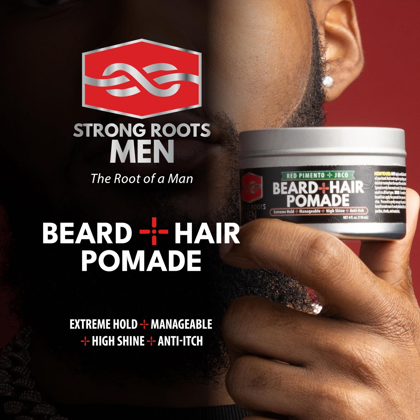 Tropic Isle Living Strong Roots Men Beard + Hair Pomade - Extreme Hold & High Shine for Styling and Grooming, Flake Free, Itch Relief, Natural