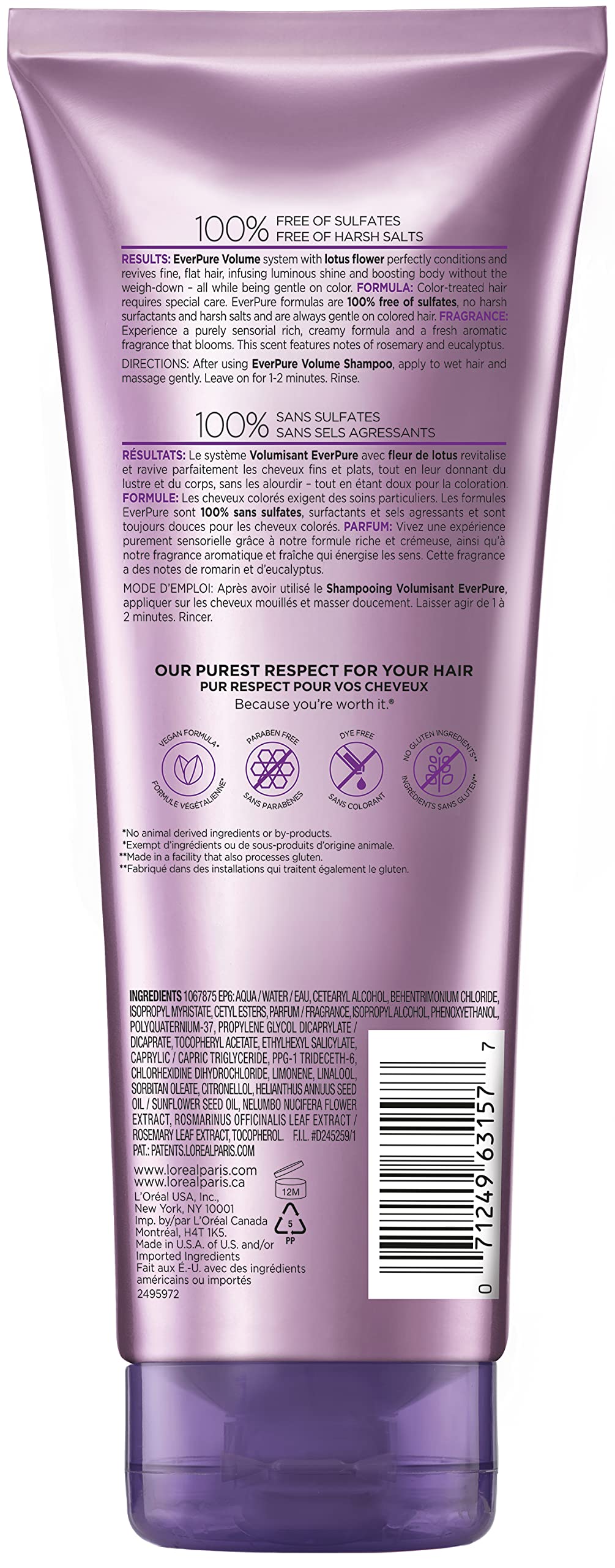 L'Oreal Paris EverPure Volume Sulfate Free Conditioner for Color-Treated Hair, Volume + Shine for Fine, Flat Hair, with Lotus Flower, 11 Fl; Oz