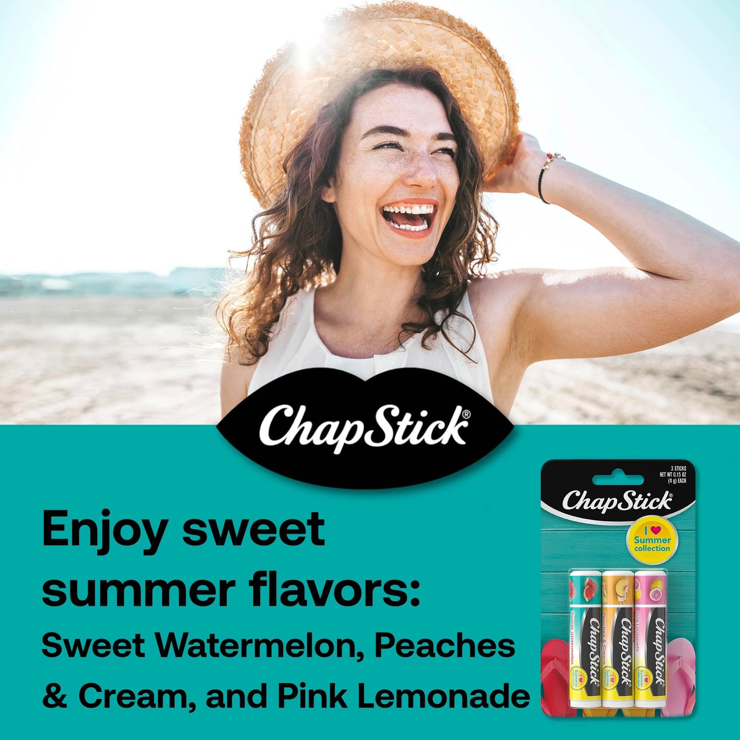 ChapStick Lip Balm, I Love Summer Collection, Variety 3-Pack - Sweet Watermelon, Peaches & Cream, Pink Lemonade, Moisturizing Lip Care, 0.15 Oz Ea