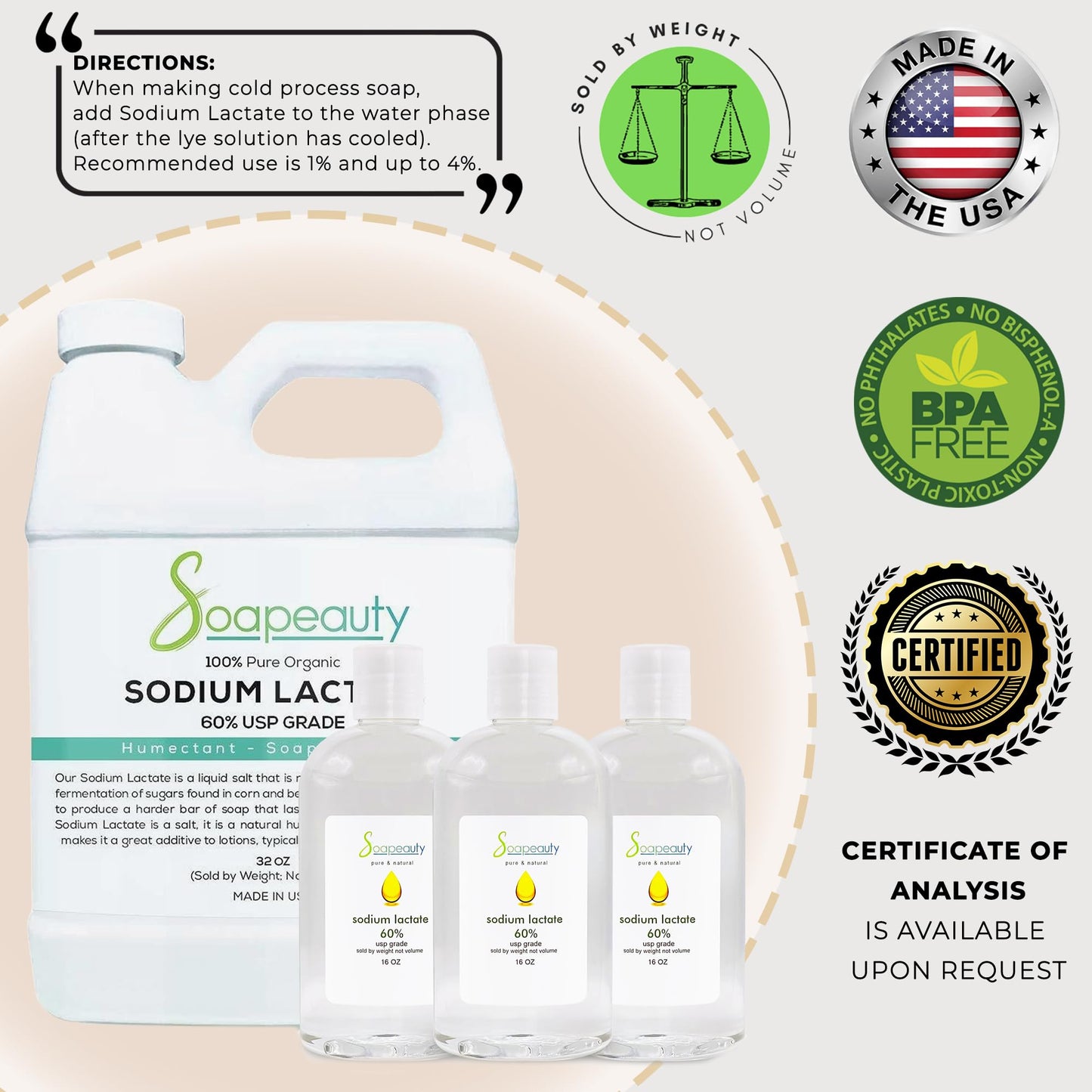 SODIUM LACTATE for Soap Making & Lotions | 60% USP Pure Natural Preservative | Harder Bar of Soap, Bigger Yield, Faster Cure Time, Provides Moisture |