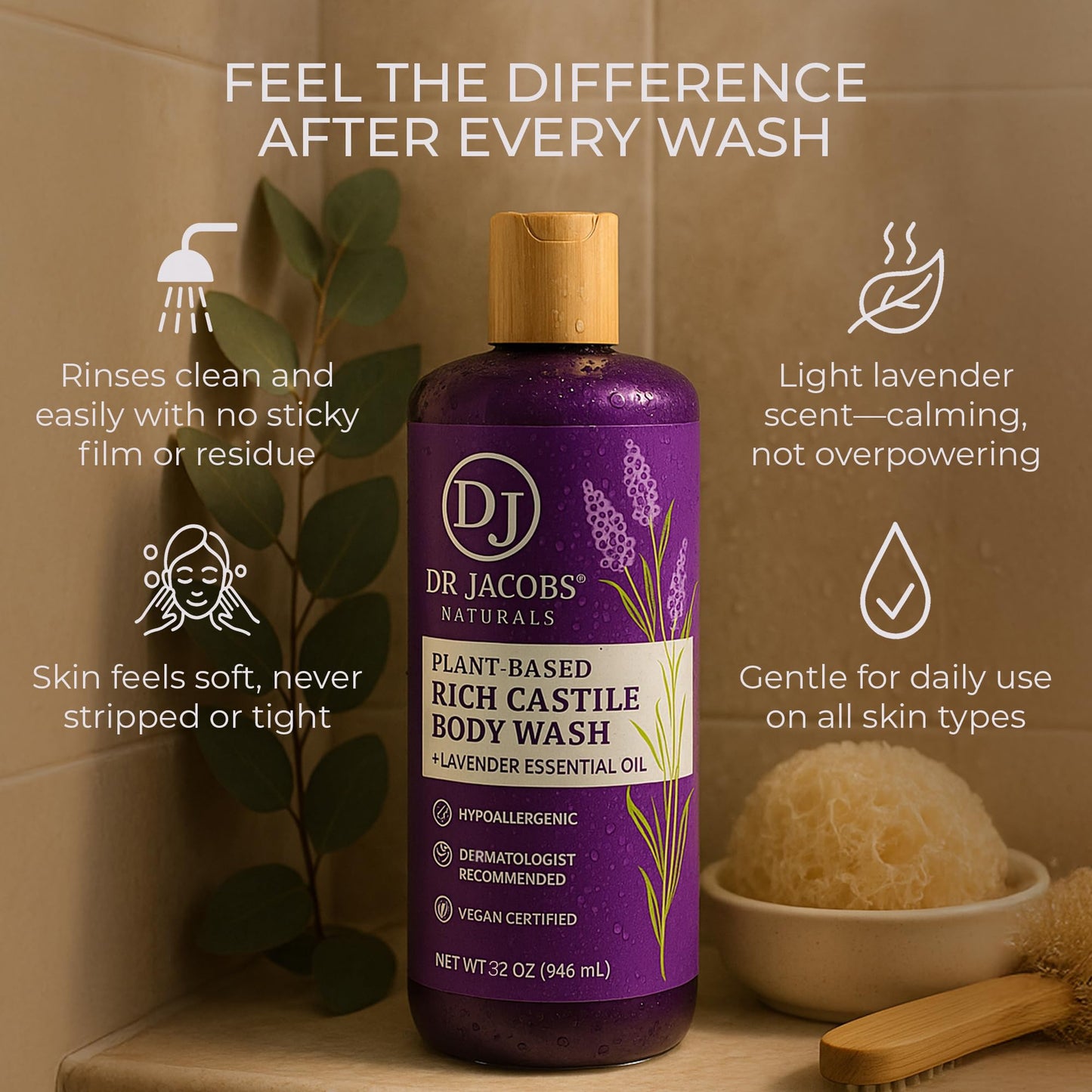 Dr. Jacobs Naturals Pure Castile Soap Liquid Body Wash, Lavender - Plant Based Soap Infused with Vitamin E and Aloe Vera to Moisturize Dry