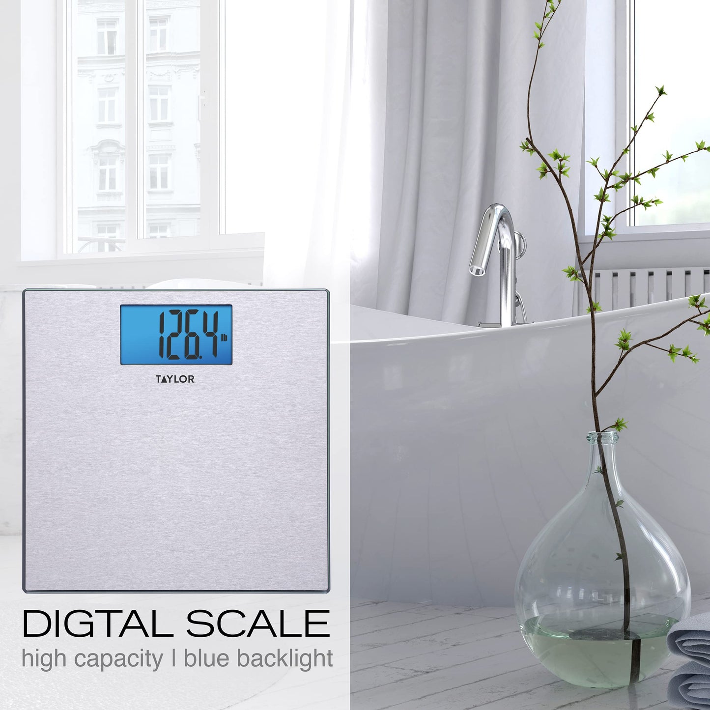 Taylor Digital Scales for Body Weight, 400 LB Capacity, Unique Blue LCD, Auto on and Off Scale, 11.8 x 11.8Inches, Stainless Steel