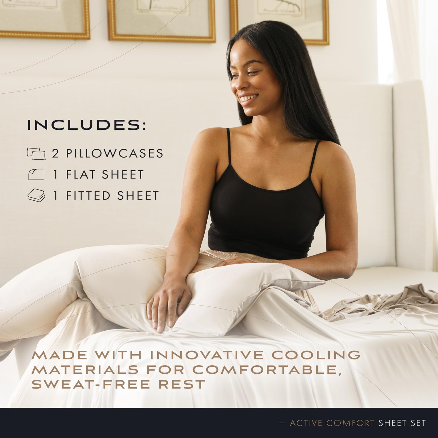 SHEEX - Active Comfort Cooling Sheets Set (Queen) Parchment - Moisture Wicking - 1 Flat Cooling Sheet, 1 Fitted Cooling Sheet, 2 Cooling Pillow Covers