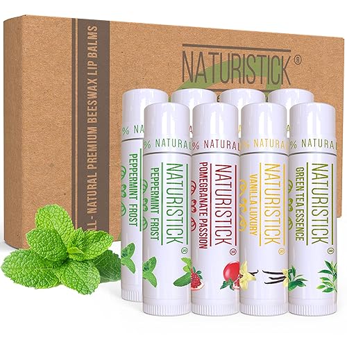 8-Pack Premium Beeswax Lip Balm by Naturistick | Chemical-Free, 100% Natural Chapstick for Dry, Chapped Lips | Made with Coconut Oil, Shea Butter
