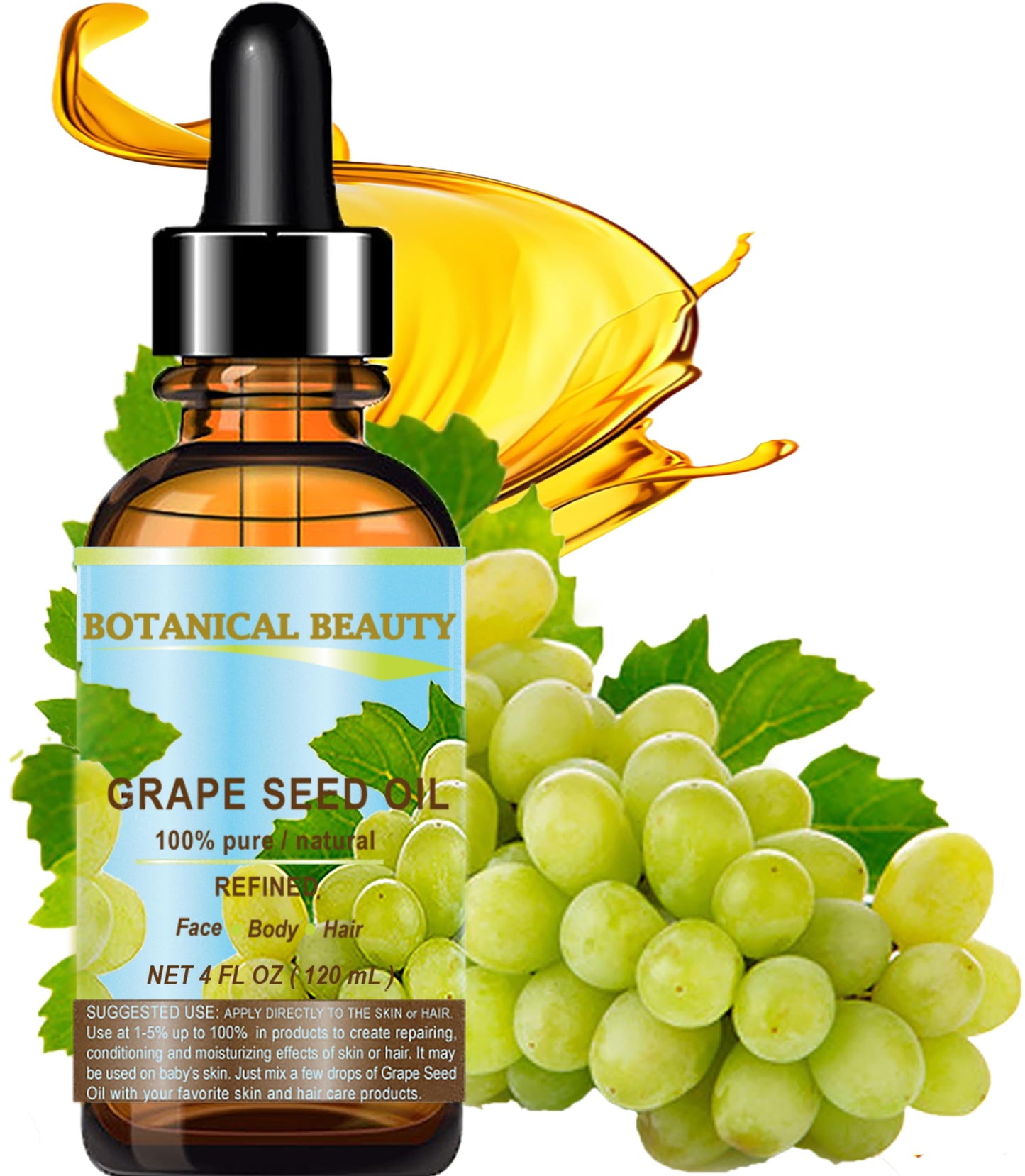 Botanical Beauty GRAPE SEED OIL 100% Pure Natural Undiluted Refined Cold Pressed Carrier Oil for Face, Skin, Body, Hair, Massage, Lip, Nails. (4 Fl Oz