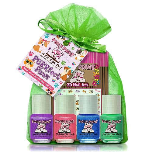 Piggy Paint | 100% Non-Toxic Girls Nail Polish | Safe, Cruelty-free, Vegan, & Low Odor for Kids | PURRfect Paws Pet (4 Polish + Nail Art Gift Set) Beauty & Personal Care Piggy Paint