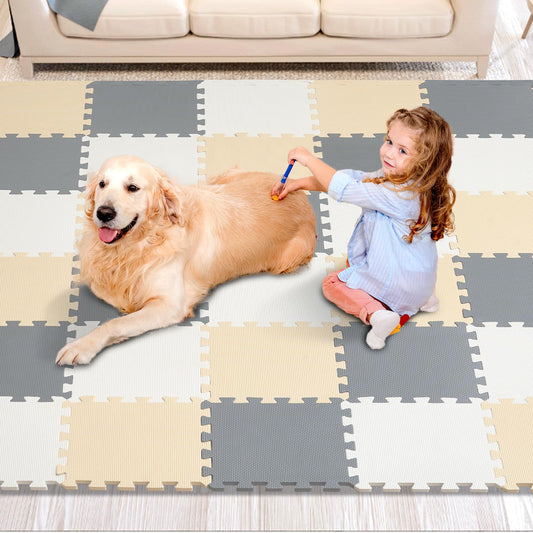 VEVOR 36 Tiles Kids Play Mat – 0.4" Thick EVA Foam Interlocking Puzzle Mats, 12"x12" Each, 36 Sq Ft for Nursery, Playroom, Camel/Gray/Beige