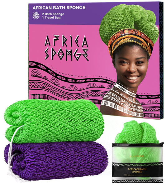 Authentic African Net Sponge with Knots - 2 Pieces Exfoliating Body Sponge Purple & Green - Back Scrubber Shower Exfoliator for Women Personal Care Beauty and Personal Care RelaxScene