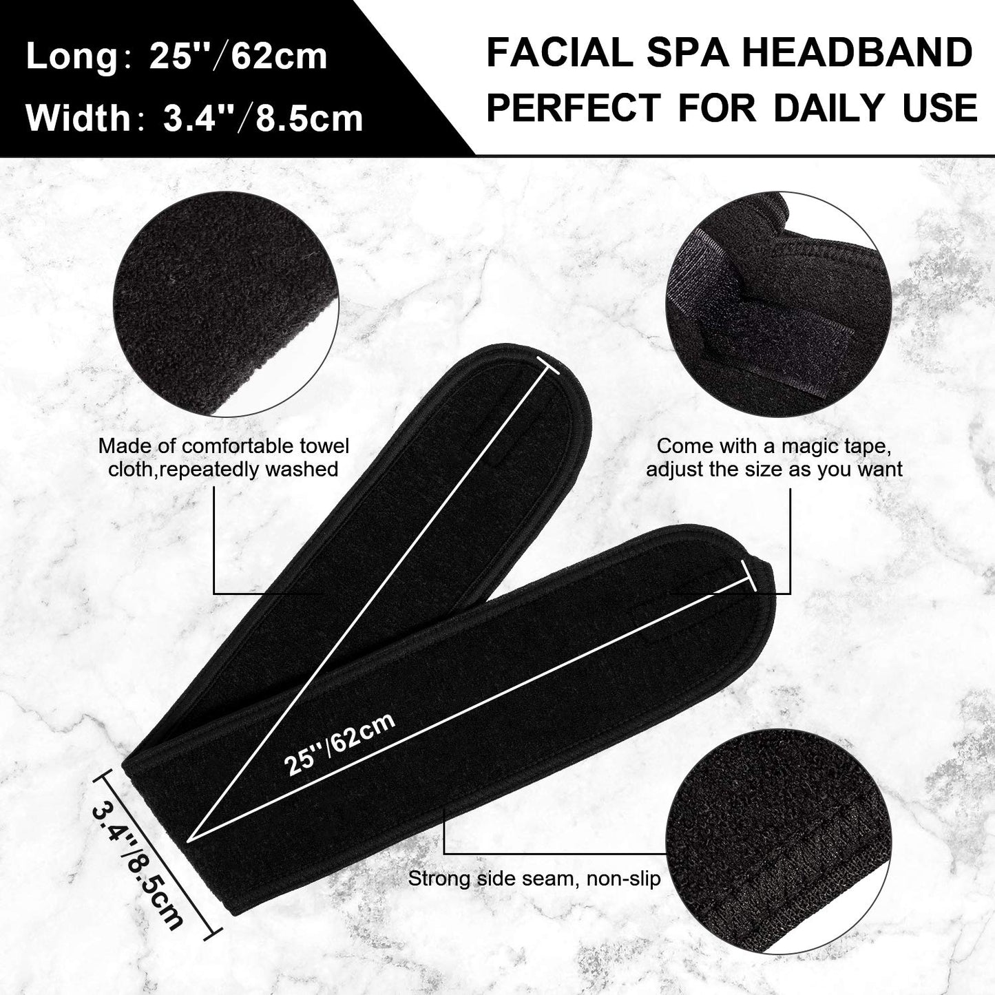 Whaline 3Pcs Spa Facial Headband Make Up Wrap Head Terry Cloth Headband Adjustable Washable Towel for Shower Makeup Face Washing Skincare Facial