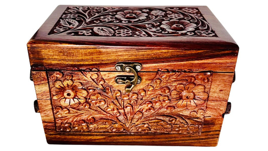 Eid Gifts - Handcrafted Jewelry Box with Floral Carvings, 3-Compartment Jewelry Organizer for Earrings, Rings, Necklaces (Large Size 8''x5''x5'')