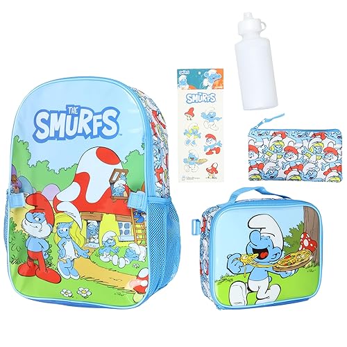 INTIMO The Smurfs Backpack 5-Piece Mega Set Travel Daypack Bag with Lunch Box Pencil Case Water Bottle and Stickers