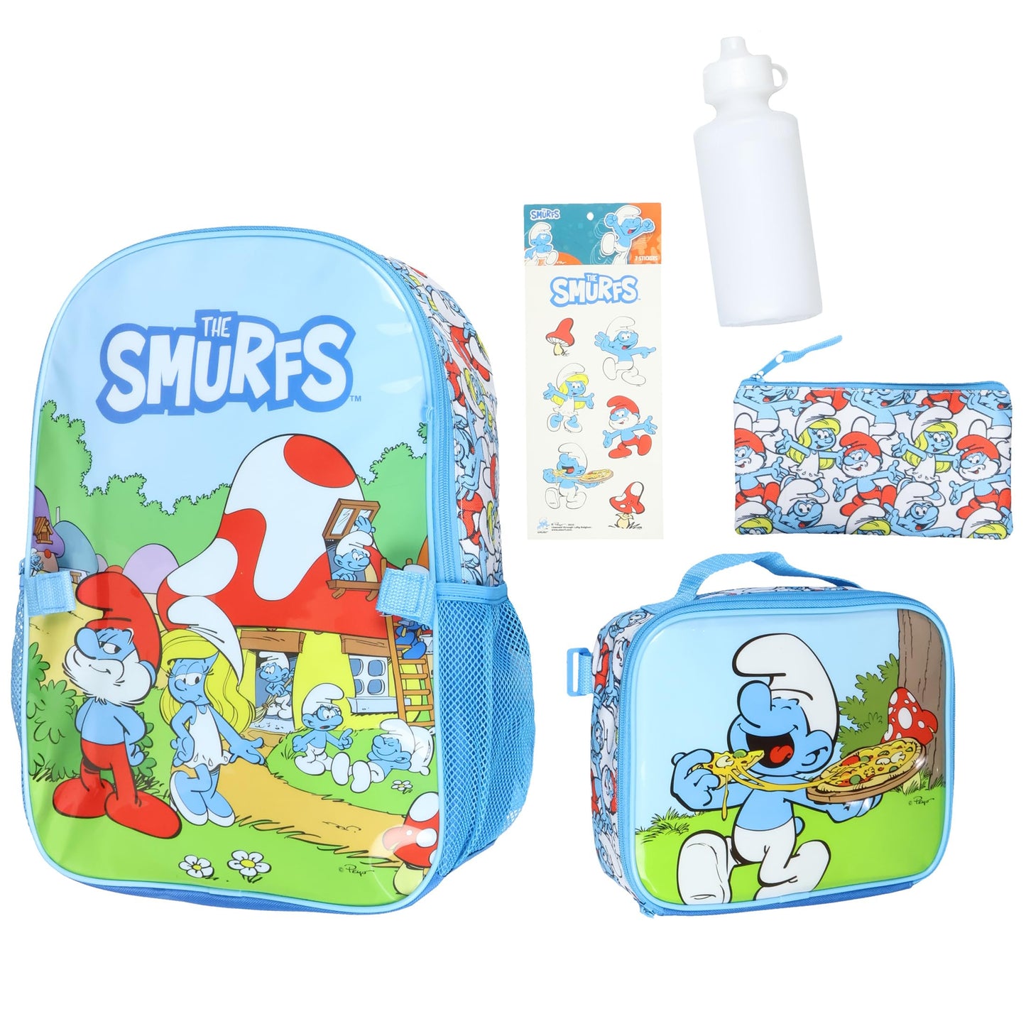 INTIMO The Smurfs Backpack 5-Piece Mega Set Travel Daypack Bag with Lunch Box Pencil Case Water Bottle and Stickers