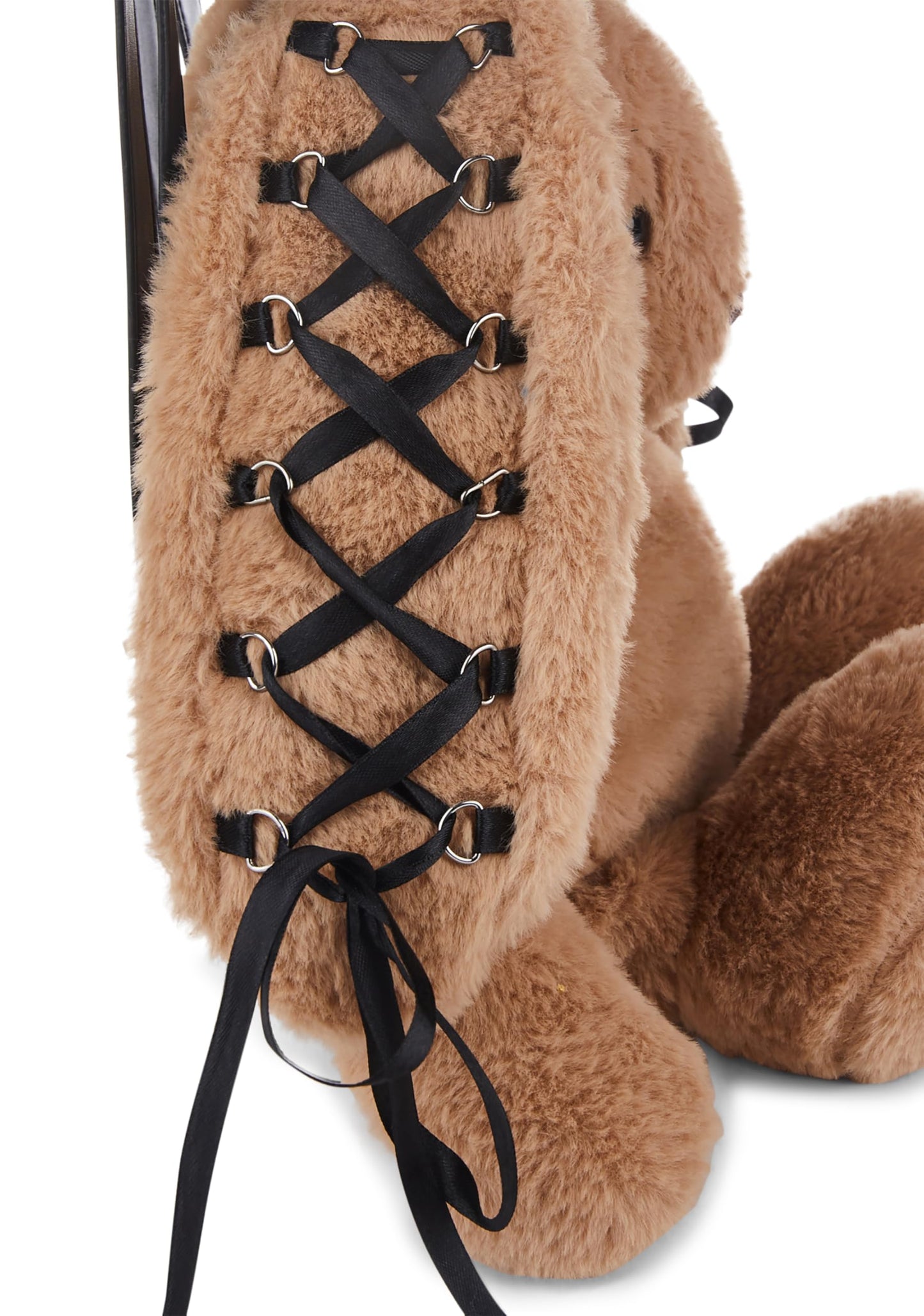 Dolls Kill Cuddly Bunny Plush Backpack by Current Mood - Brown, Faux Fur Backpack with Lace-Up Ribbon Ears, One Size