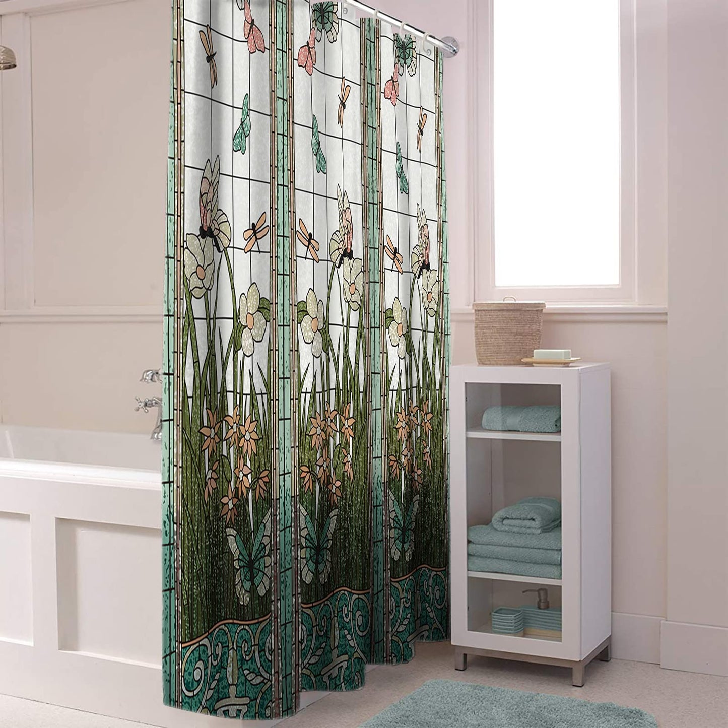 Crystal Emotion Flower Dragonfly Waterproof Bathroom Fabric Shower Curtain Bath Curtain 36x78inch Small Stall Size