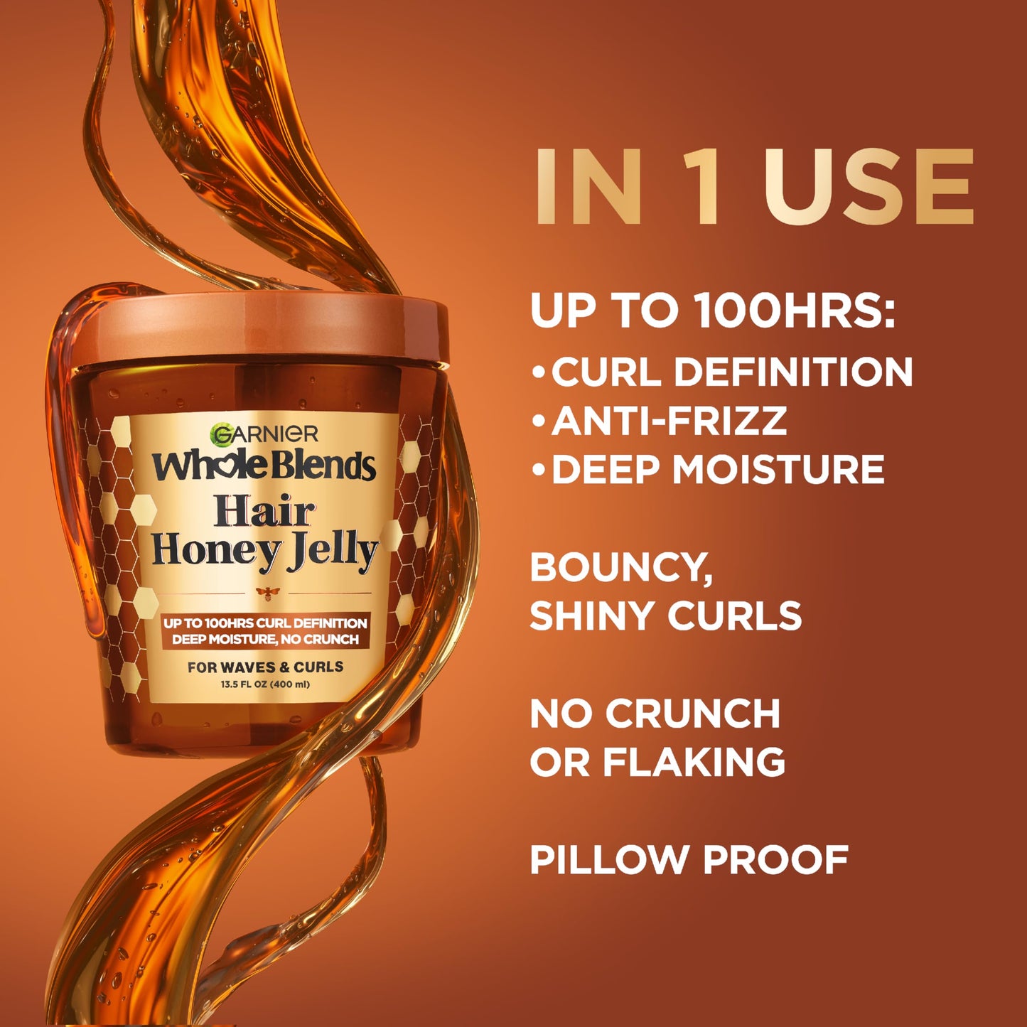 Garnier Whole Blends Hair Honey Jelly for Defining Waves and Curls, Hair Gel for Up to 100HRs Curl Definition, Frizz Control and Deep Moisture, 13.5