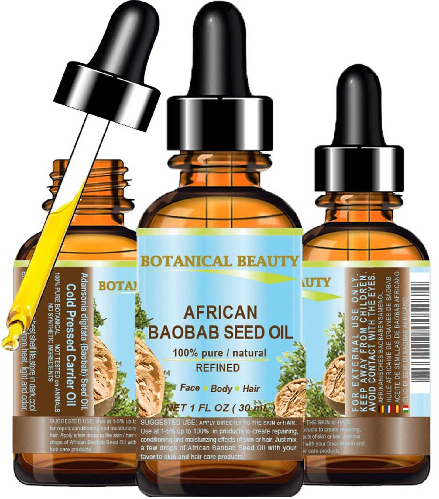 Botanical Beauty BAOBAB SEED OIL 100% Pure Natural Refined Cold-Pressed Carrier Oil 1 Fl oz 30 ml For Face Skin Body Hair Lip Nails Rich in Vitamin C