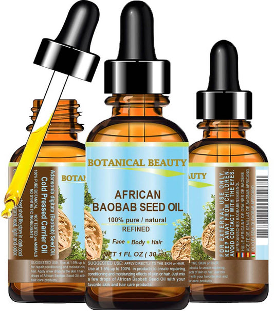 Botanical Beauty BAOBAB SEED OIL 100% Pure Natural Refined Cold-Pressed Carrier Oil 1 Fl oz 30 ml For Face Skin Body Hair Lip Nails Rich in Vitamin C