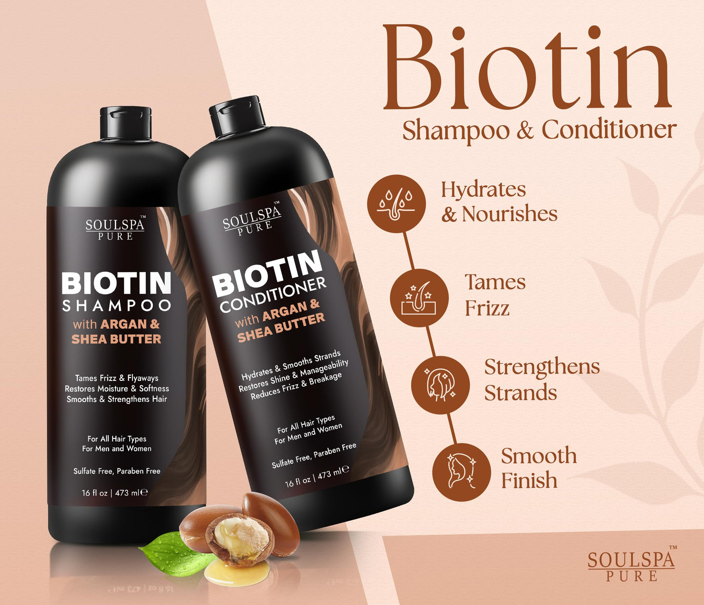 SOULSPA PURE Biotin Argan Oil Shampoo and Conditioner Set - Shea Butter Moisturizing Formula for Curly, Dry & Damaged Hair - Deep Hydration for Men