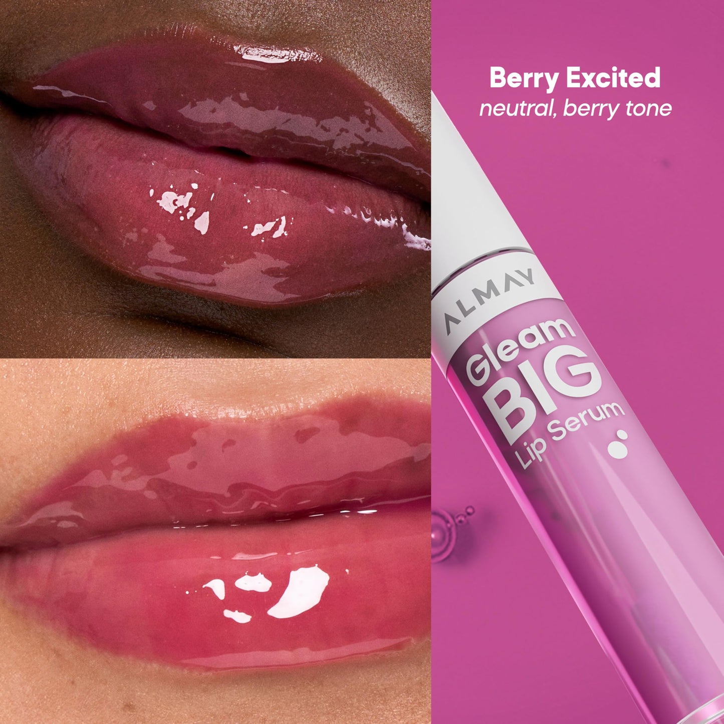 Almay Gleam Big™ Lip Serum, Hydrating and Moisturizing, Hypoallergenic Lip Gloss, Non-Sticky, 400 Berry Excited, 0.13 fl oz