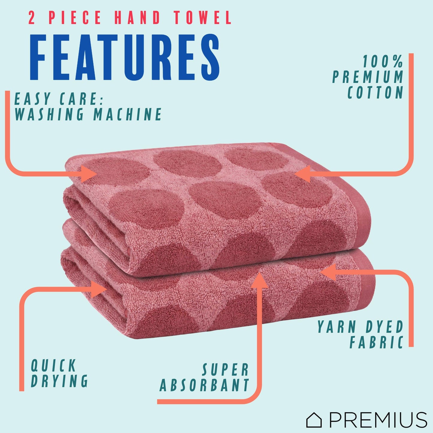 PREMIUS 2 Pack Circles Polka Dot Hand Towels, 100% Cotton Yarn Dyed, 16x28 Inches, Ultra Soft & Absorbent, Fast Drying, Versatile for Bathroom, Gym…