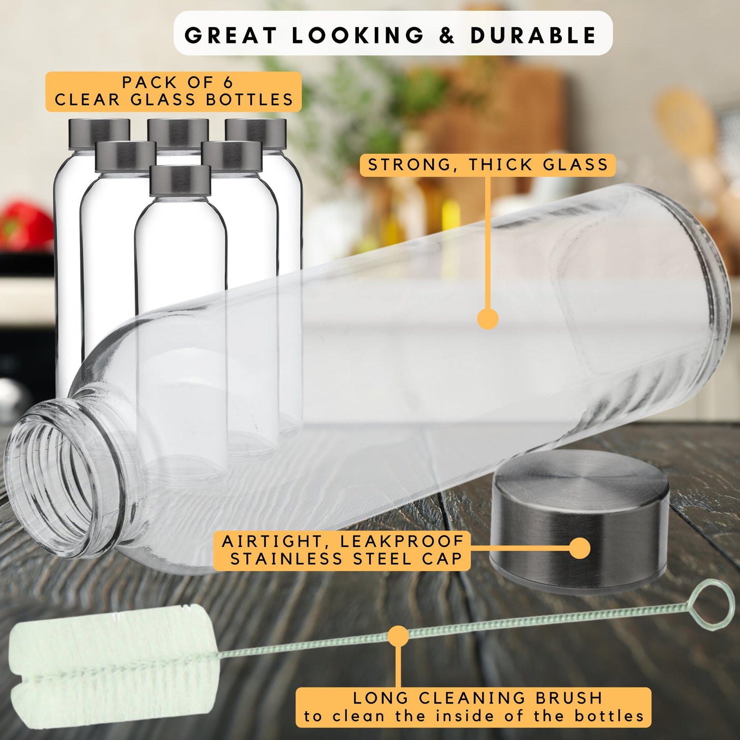 Brieftons Clear Glass Water Bottles With Caps: 6 Pack, 18 Oz Premium Soda Lime, Reusable Drinking Bottle, Sauce Jar, Juice Beverage Container, Kefir