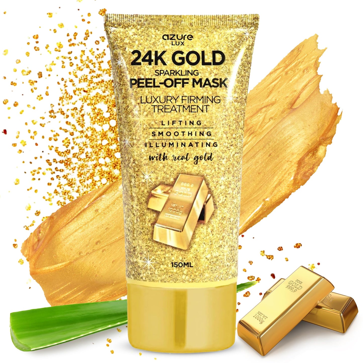 AZURE 24K Gold Firming Peel Off Face Mask- Anti Aging, Lifting, Illuminating & Revitalizing - Removes Blackheads, Dirt & Oils - With Hyaluronic Acid