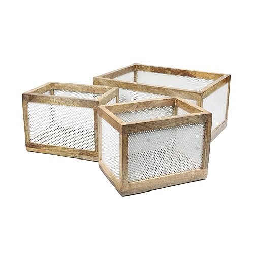 happimess BSK3005A-3SET Fallon Modern Minimalist Wooden Metal Nesting Storage Baskets for Shelves, Cabinets, Pantry, Countertop, Mesh Open Bin Basket…