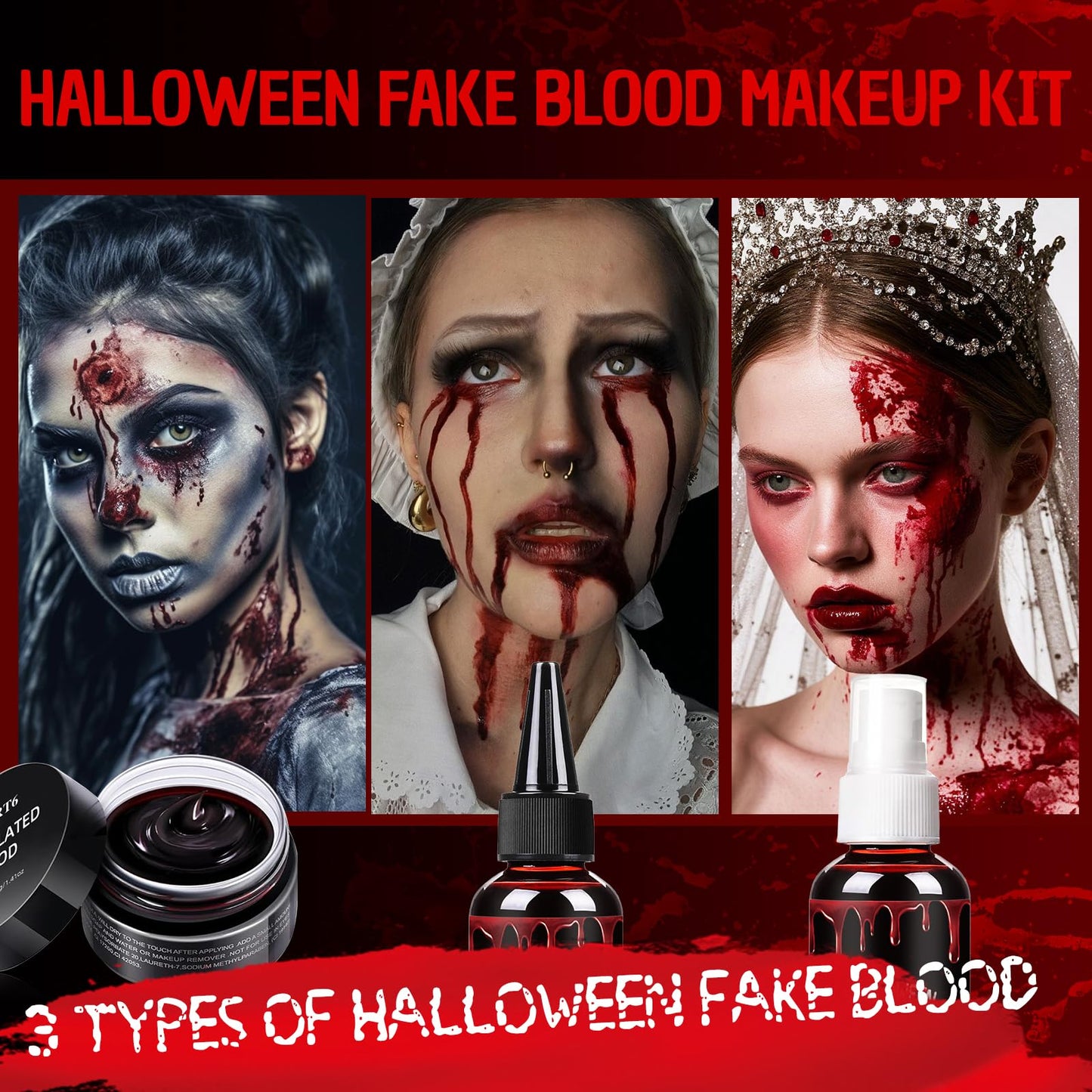 Halloween Fake Blood Kit, Washable Realistic Fake Blood Spray + Fake Blood Gel Makeup for Costume, Perfect for Vampire Makeup, Clown & Sfx & Cosplay