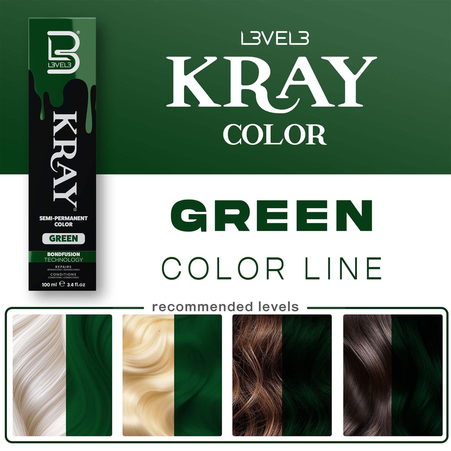 L3 - Level 3 Kray Semi Permanent Hair Color - Semi Permanent Hair Dye with Aloe Vera - Green