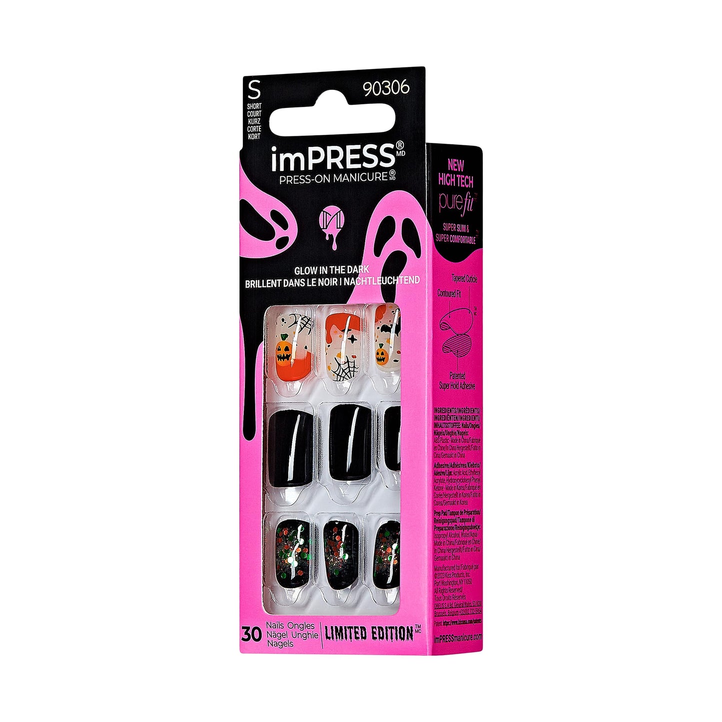 KISS imPRESS Press-On Manicure Halloween, Black, Short Length, Square Shape, PureFit Technology, Chip Proof, Smudge Proof, Waterproof, Prep Pad, Mini Beauty & Personal Care imPRESS
