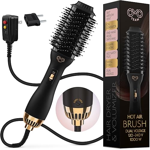 Manual Dual Voltage Blowout Hair Dryer Brush, Professional Hot Air Brush for European Travel 110V-120V/220V-240V, Black Gold Dryer and Volumizer
