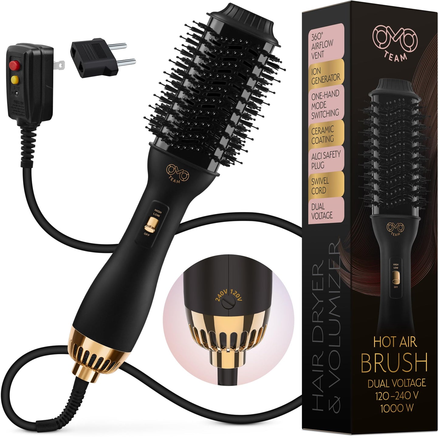 Manual Dual Voltage Blowout Hair Dryer Brush, Professional Hot Air Brush for European Travel 110V-120V/220V-240V, Black Gold Dryer and Volumizer