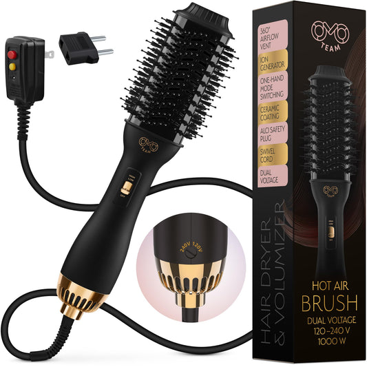 Manual Dual Voltage Blowout Hair Dryer Brush, Professional Hot Air Brush for European Travel 110V-120V/220V-240V, Black Gold Dryer and Volumizer