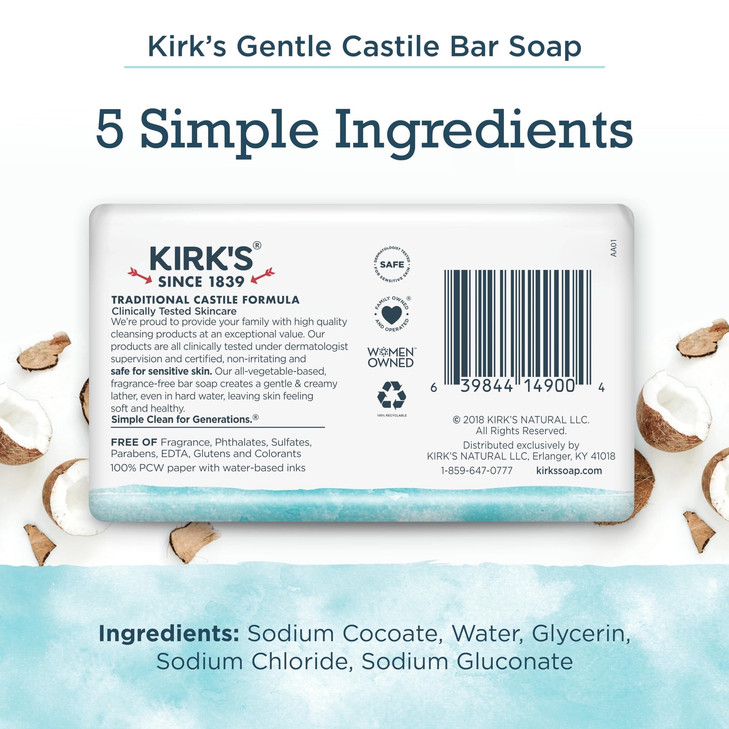 Castile Bar Soap by Kirk’s | Clean Soap for Men, Women & Children | Premium Coconut Oil | Sensitive Skin Formula, Vegan | Fragrance-Free/Unscented | 4 Beauty & Personal Care Kirk's