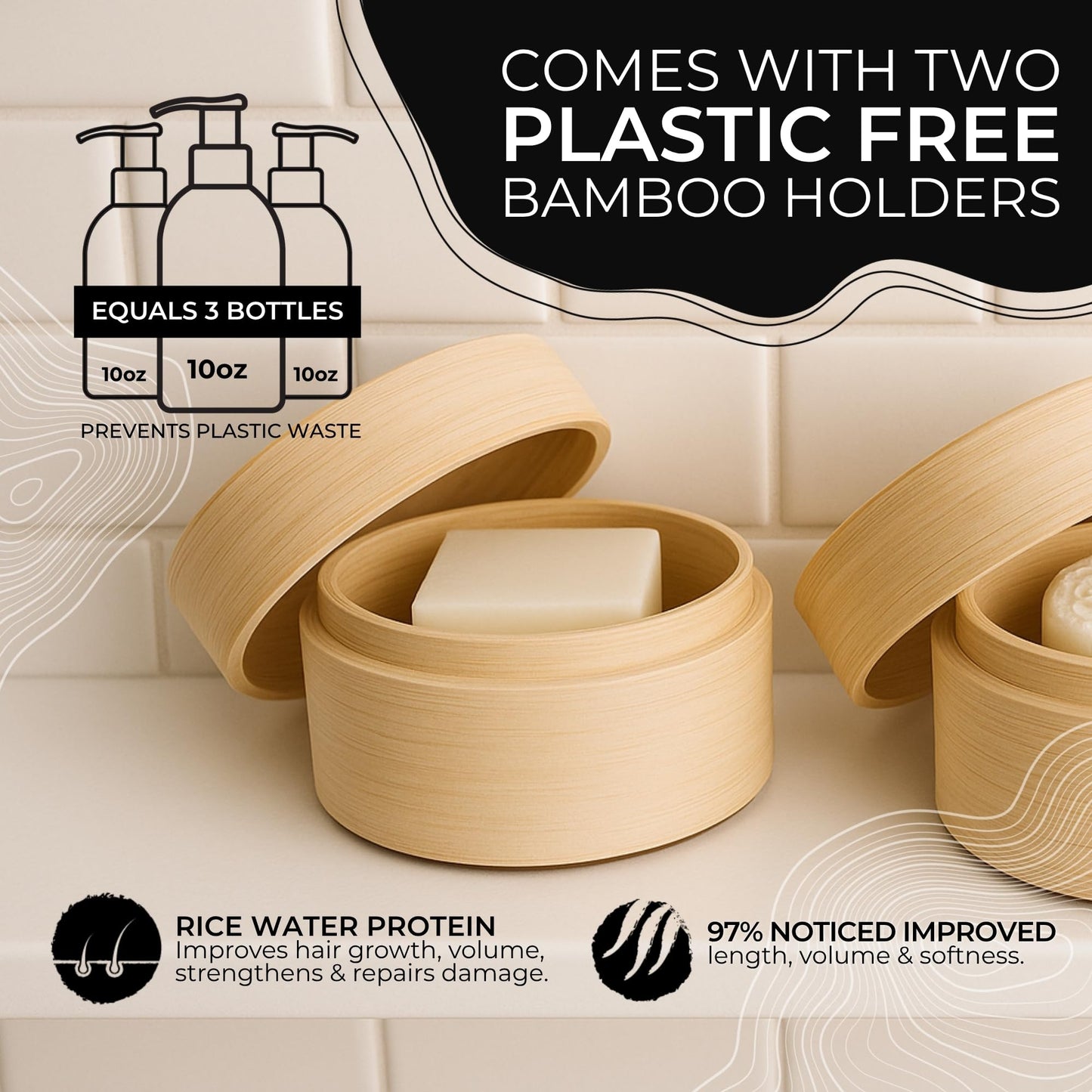 Viori Hidden Waterfall Shampoo and Conditioner Bar Set and Bamboo Holder - Made with Rice Water for Hair Growth - Handcrafted Sulfate Free Shampoo